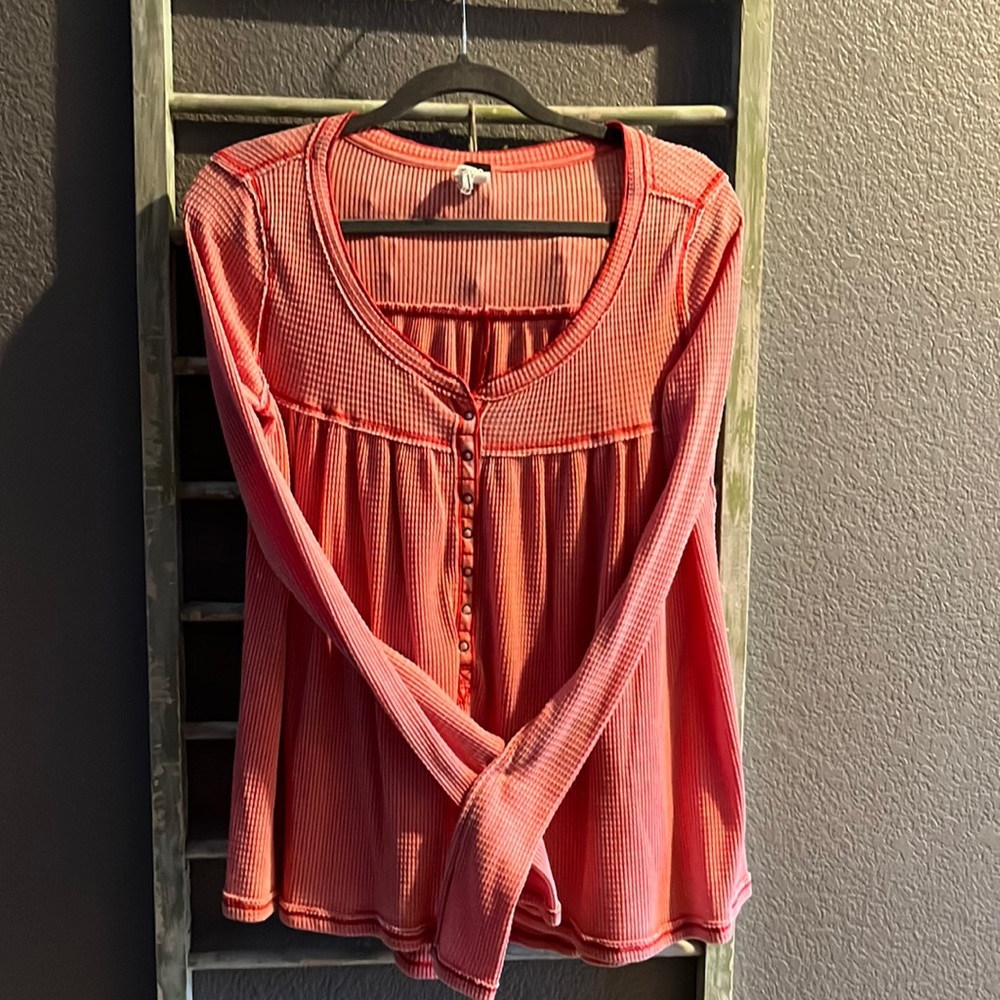 Free People Long sleeve thermal top with gathering and snap closure